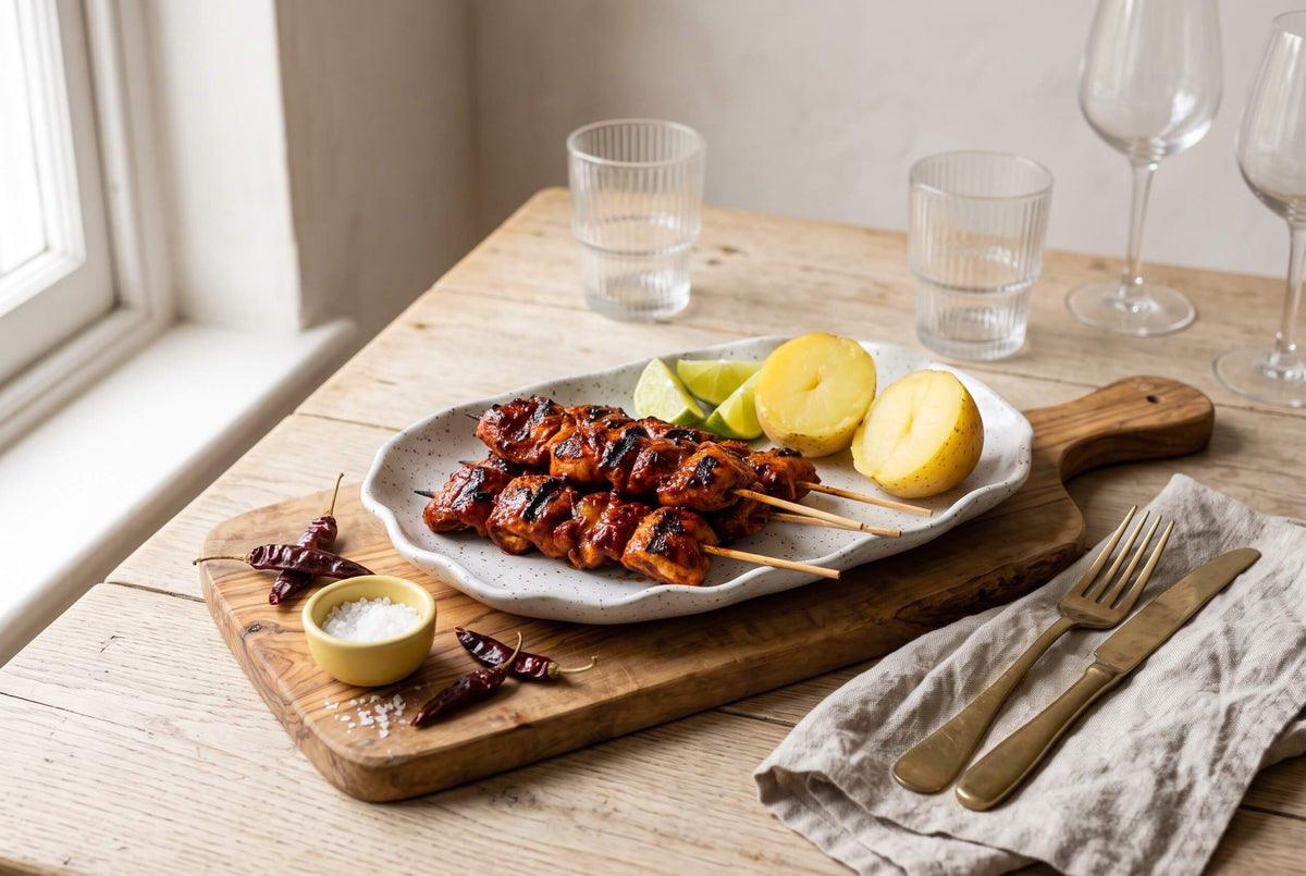 Ají panca chicken skewers