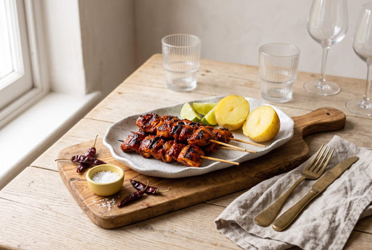 Ají panca chicken skewers