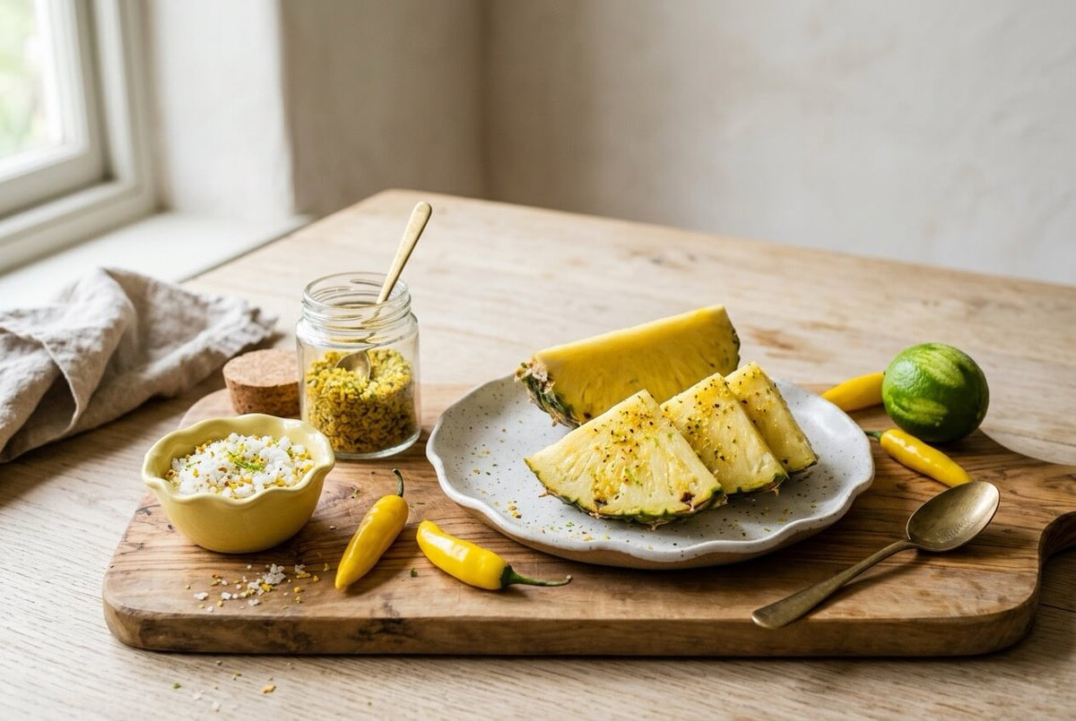 Aji limón chilli salt in a yellow pot and a jar, with pineapple wedges dusted in the salt, a lime and fresh aji limón chillies