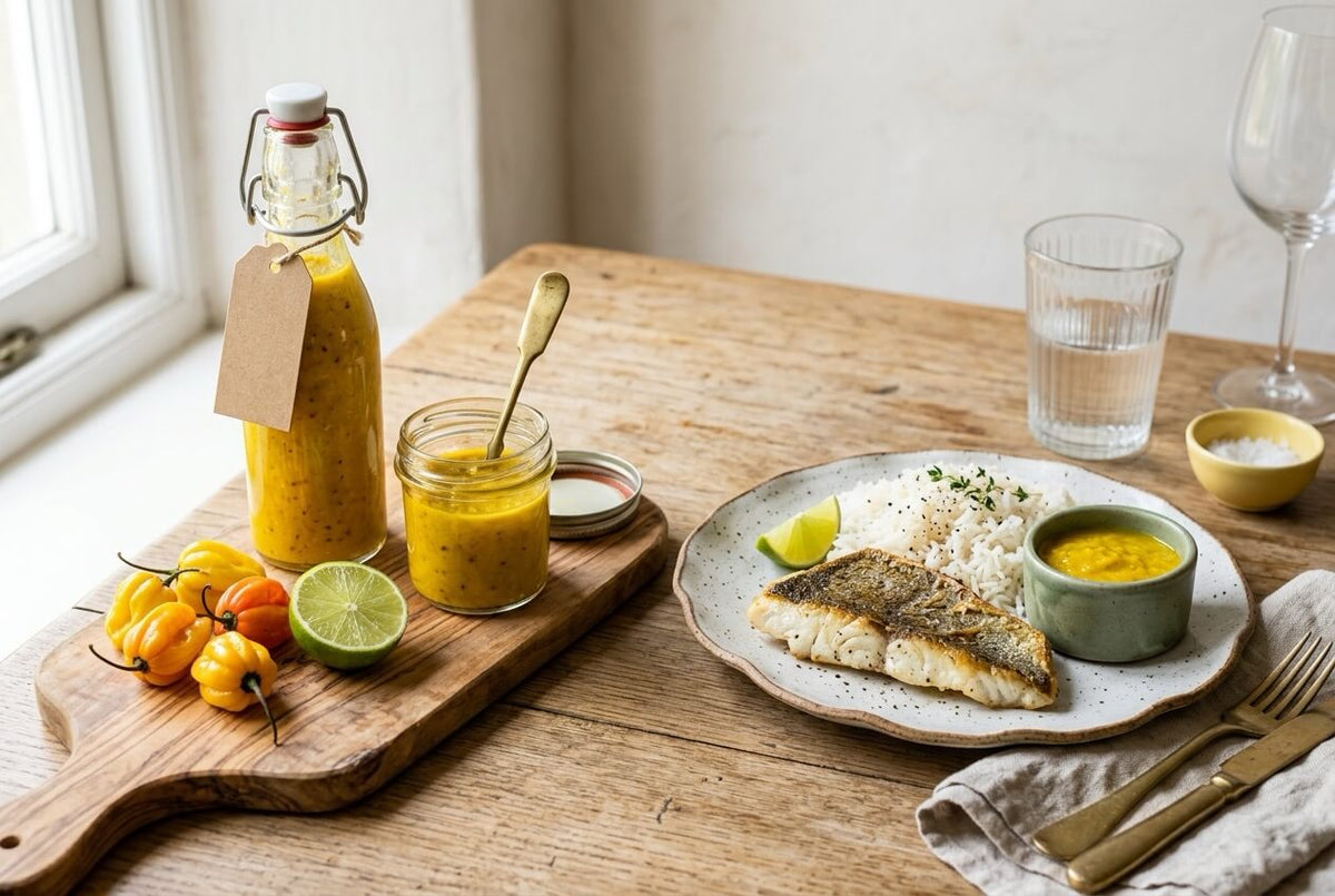 Bajan yellow pepper sauce in a swing-top bottle and a jar, with yellow Scotch bonnets, lime, and pan-fried fish with rice