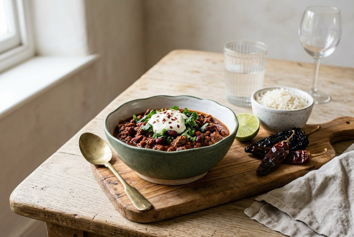 Bowl of chilli con carne with kidney beans, sour cream and coriander, with rice, lime and dried ancho and guajillo chillies