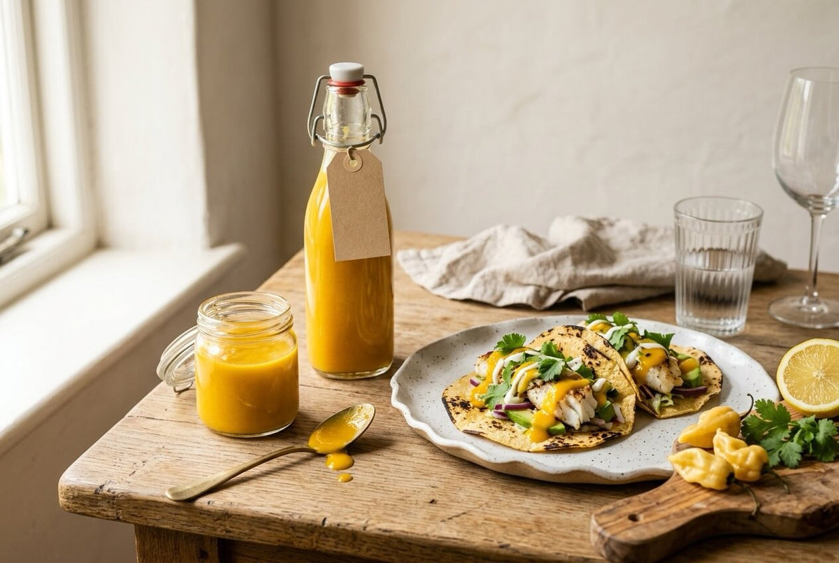 Yellow Fatalii citrus hot sauce in a swing-top bottle and jar, with fish tacos, lemon and pale yellow Fatalii chillies