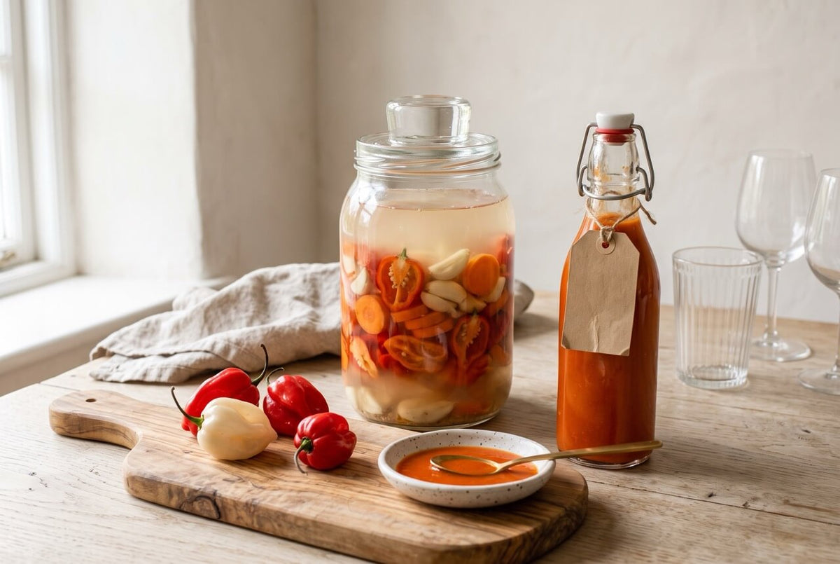 Habaneros, carrot and garlic fermenting in brine in a large jar, next to a bottle of orange habanero hot sauce