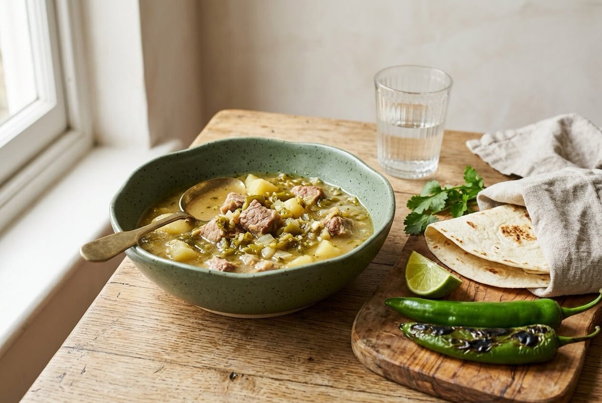 Bowl of green chile stew with pork, potato and roasted green chilli, with flour tortillas, lime and charred Anaheim chillies