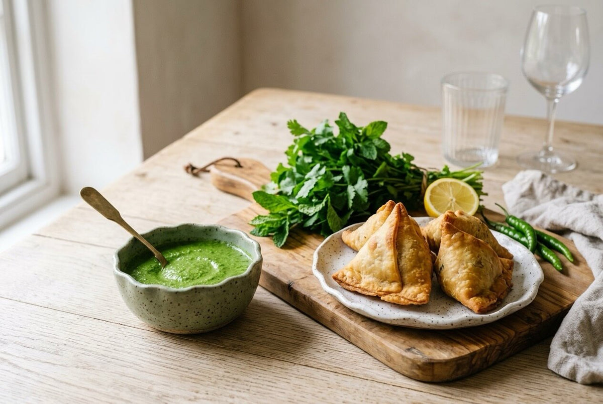Bowl of bright green coriander and chilli chutney with samosas, fresh coriander and mint, lemon and green Jwala chillies