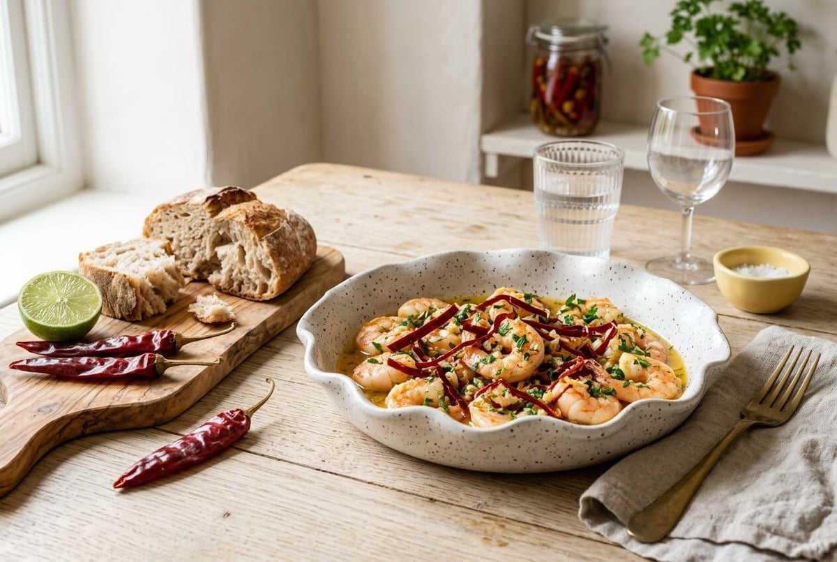 Guajillo garlic prawns with strips of dried guajillo chilli and parsley, with crusty bread, lime and dried guajillo chillies