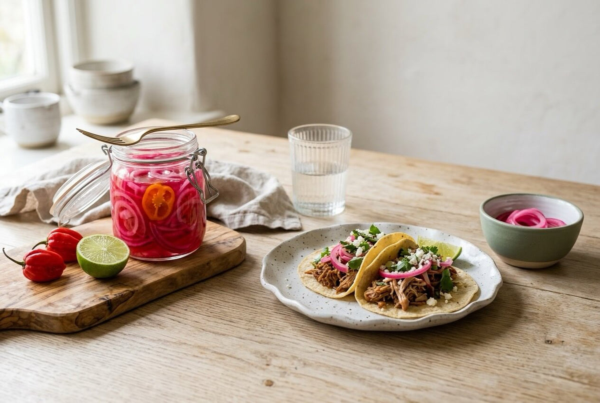 Jar of bright pink habanero pickled red onions beside pulled pork tacos, with red habaneros and lime
