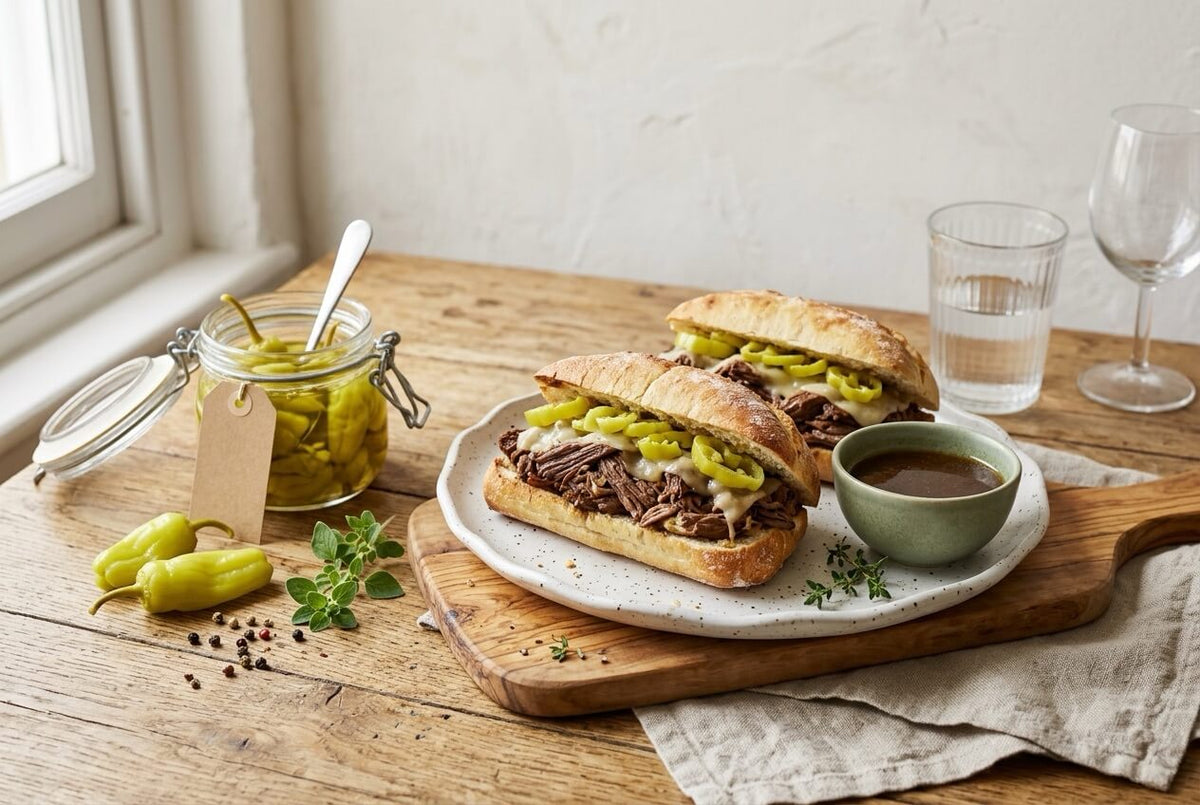 Italian beef rolls filled with shredded beef and pickled pepperoncini, with a dish of dipping juices and a jar of pepperoncini