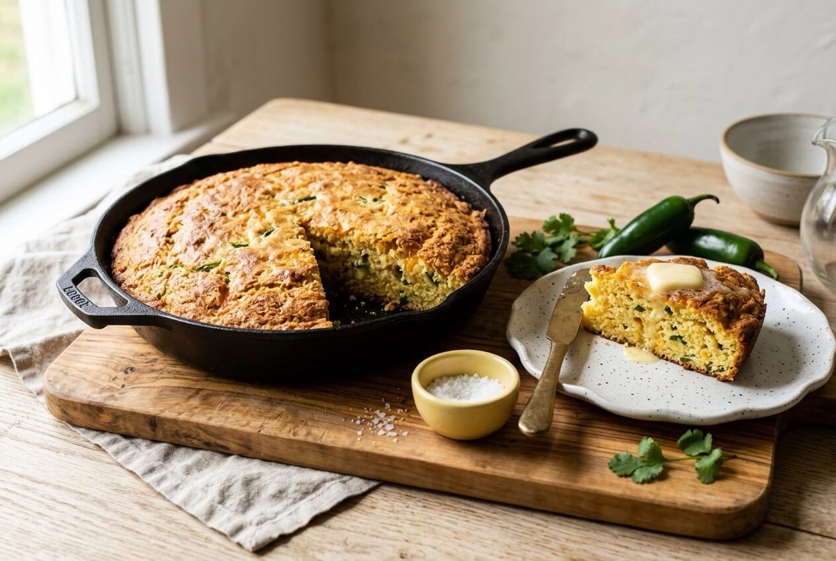 Jalapeño cheddar cornbread in a cast-iron pan, with a buttered wedge on a speckled plate and fresh green jalapeños