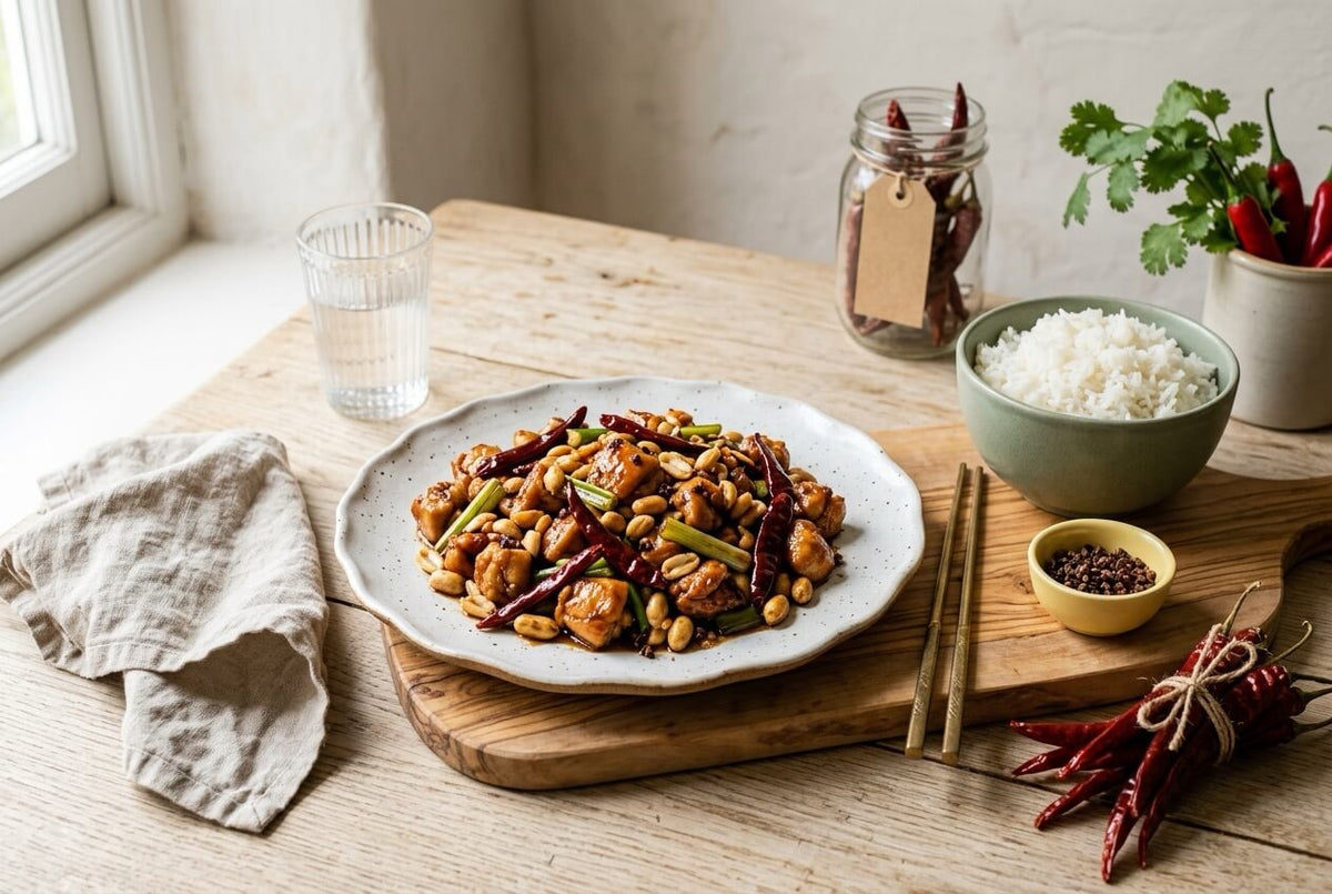 Kung pao chicken with peanuts and dried red chillies, with rice, Sichuan peppercorns and a bundle of dried Thunder Mountain chillies