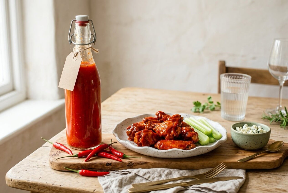 Bottle of red Louisiana-style cayenne hot sauce with buffalo wings, celery, blue cheese dip and fresh red cayenne chillies