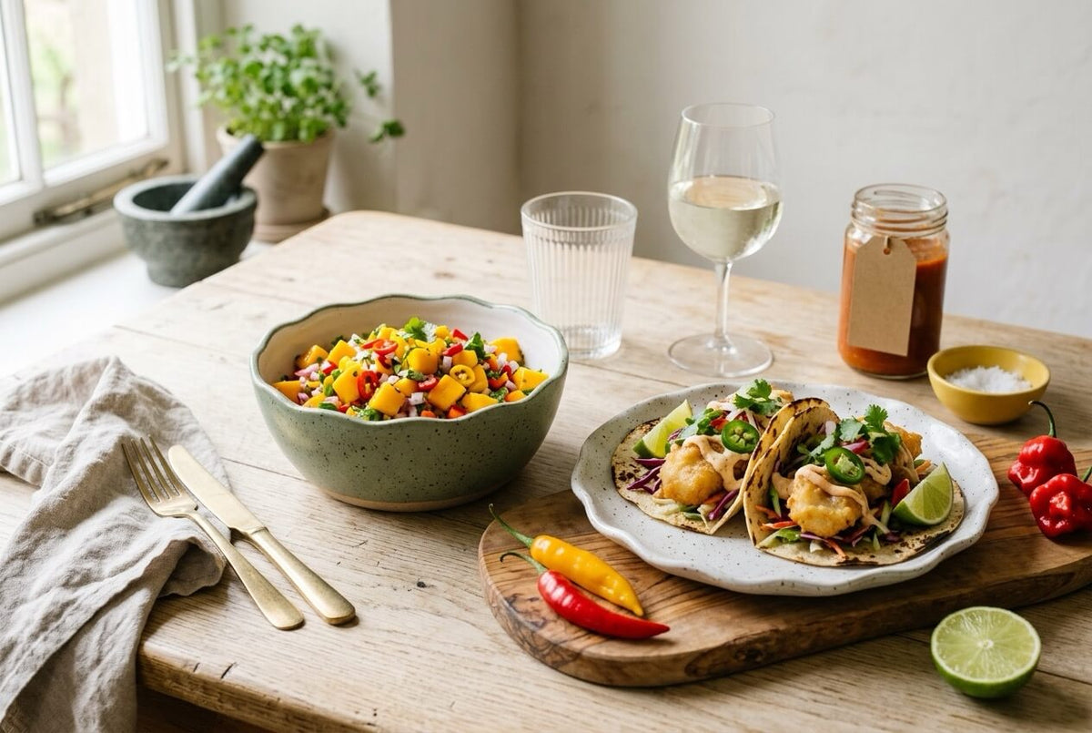 Bowl of mango and aji salsa beside fish tacos, with lime and fresh yellow and red aji chillies