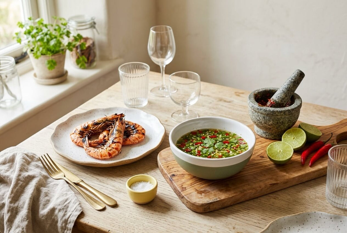Bowl of nam jim with chopped chilli and coriander beside grilled king prawns, with limes, red chillies and a mortar and pestle