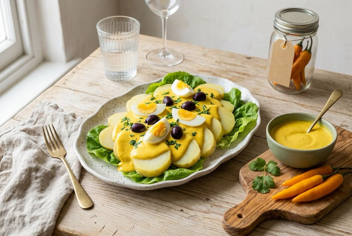 Sliced potatoes on lettuce in yellow ají amarillo cheese sauce with boiled egg and olives, beside fresh ají amarillo chillies