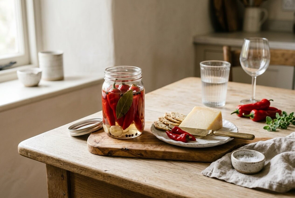 Jar of pickled red Peter Peppers with garlic and a bay leaf, beside hard cheese, crackers and fresh red Peter Peppers