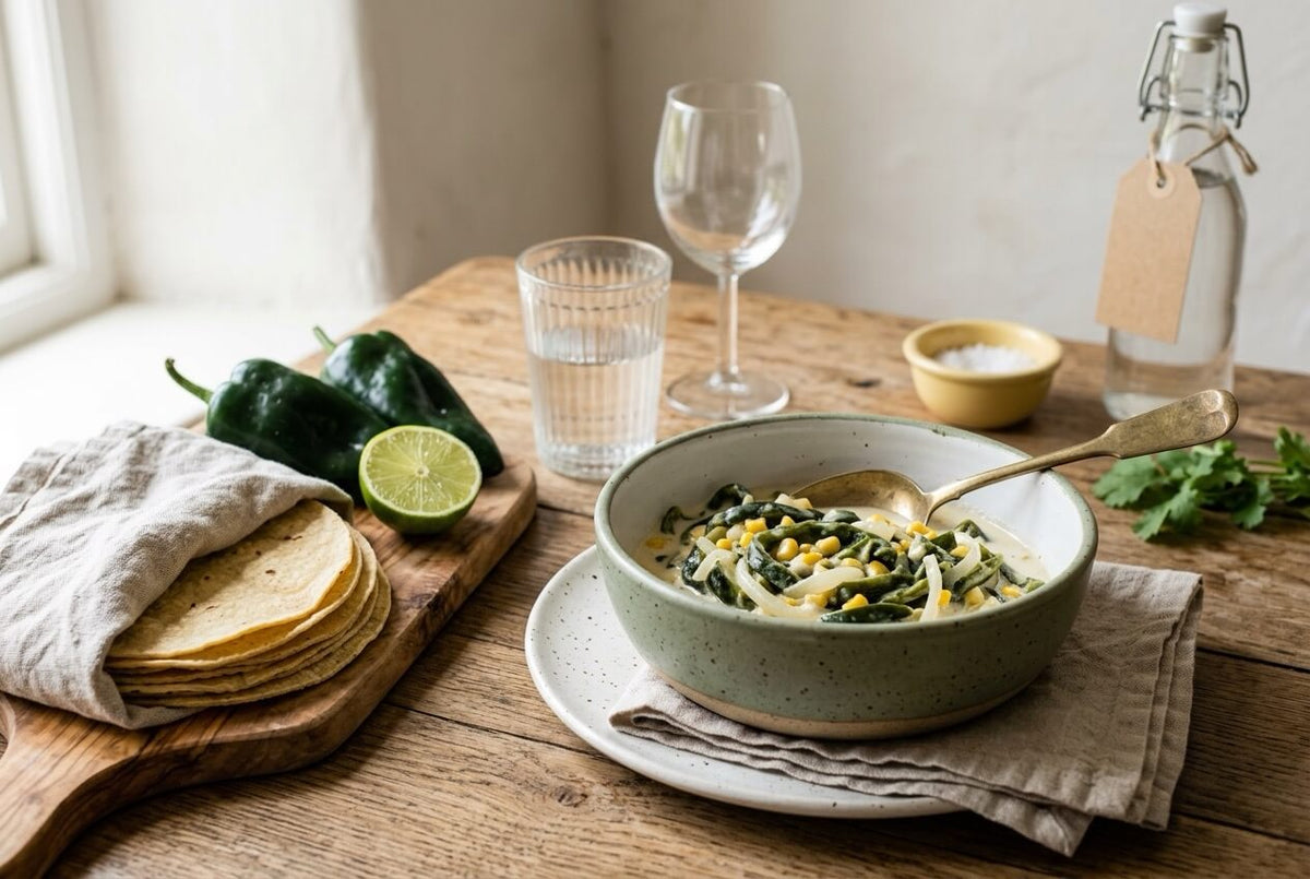 Rajas con crema with poblano strips and sweetcorn in a sage-green bowl, with warm corn tortillas, lime and fresh poblanos