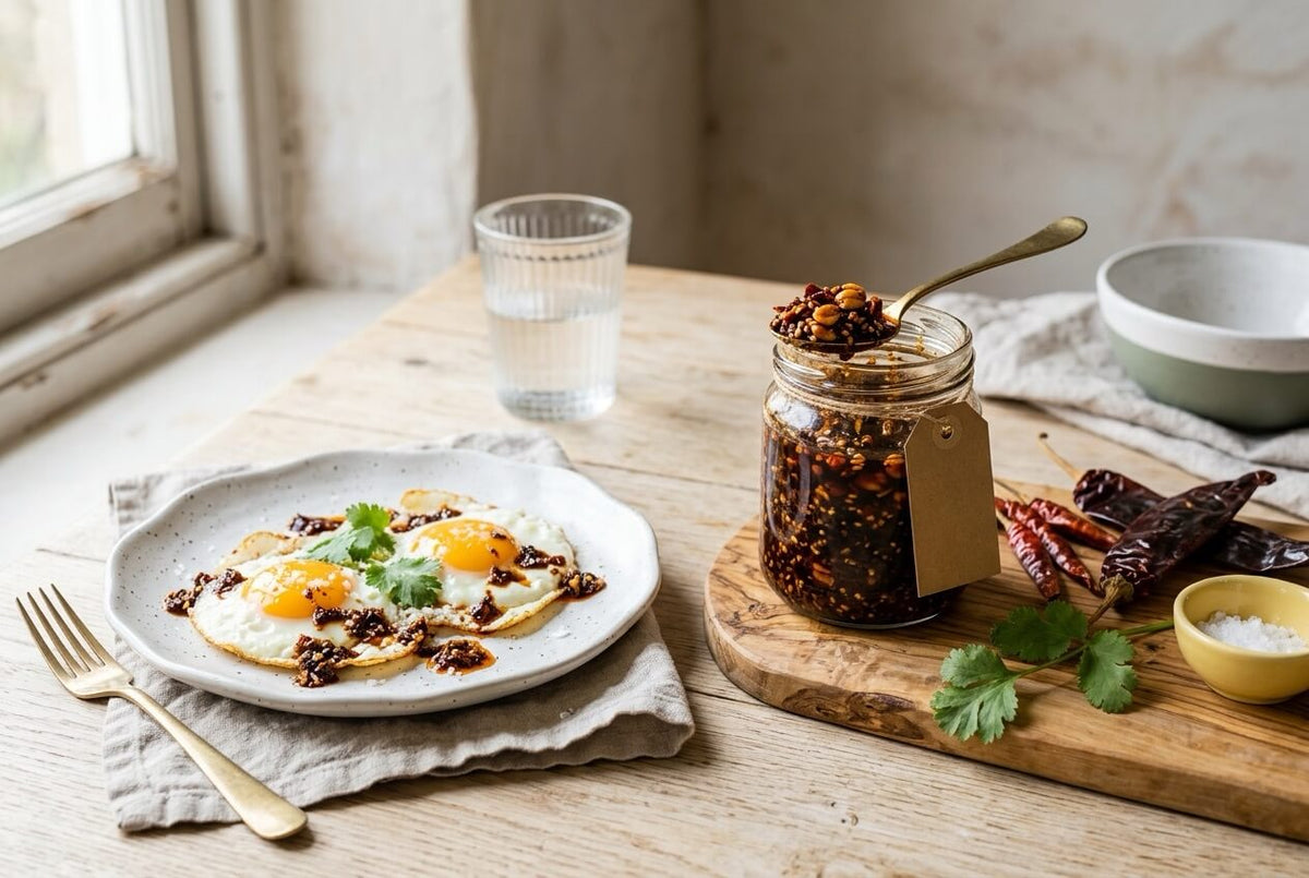 Jar of salsa macha with fried chillies and peanuts, fried eggs drizzled with the salsa, and dried guajillo and árbol chillies