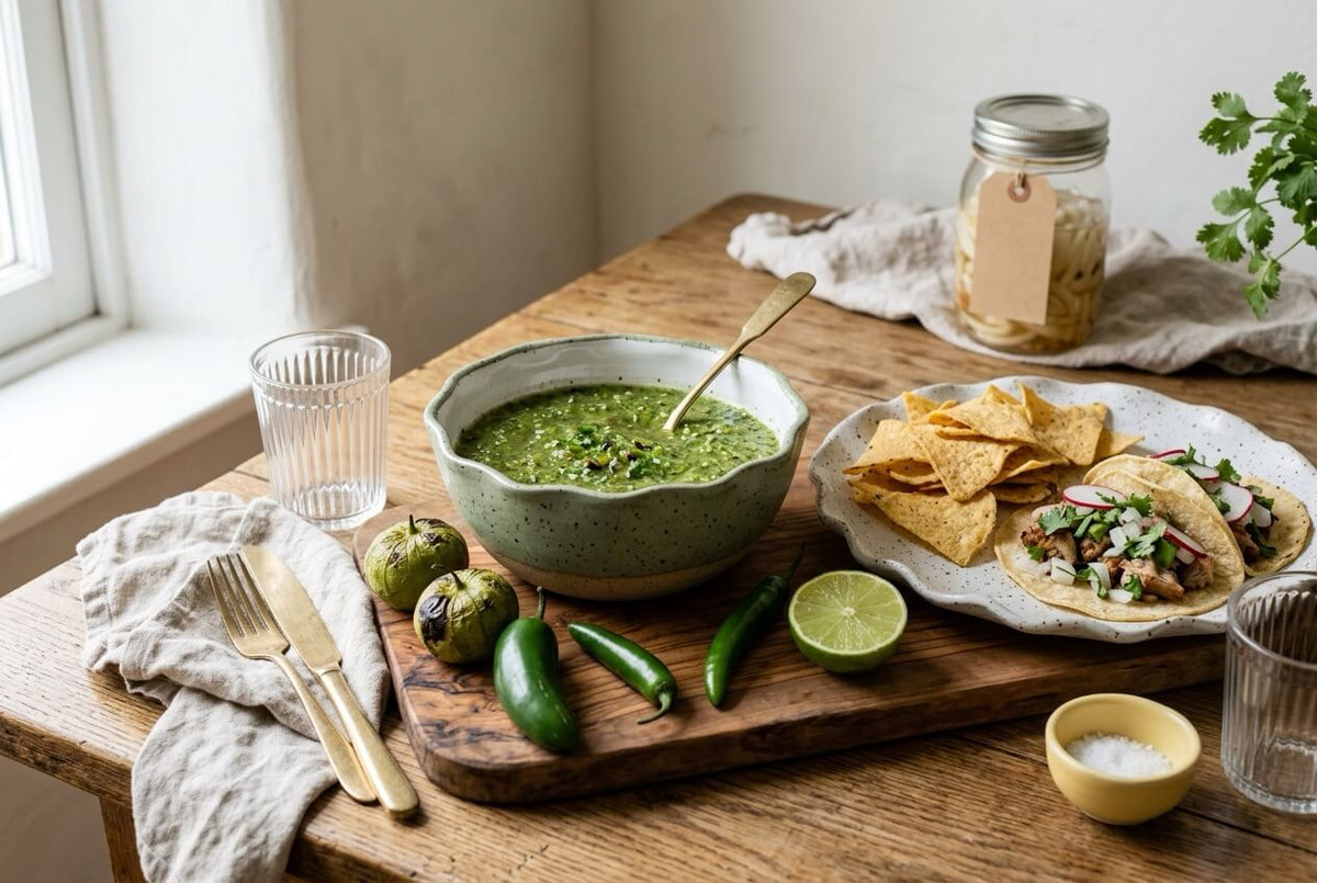 Bowl of green salsa beside tacos and corn chips, with charred tomatillos, green jalapeños and serranos, and lime