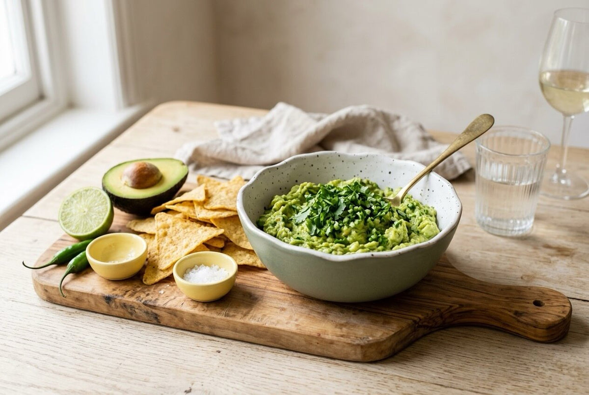 Bowl of chunky serrano guacamole topped with coriander, with corn chips, avocado, lime and green serrano chillies