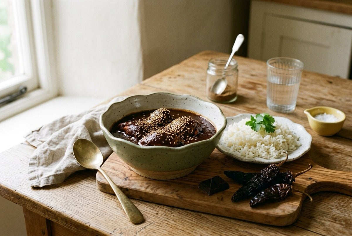 Chicken in dark mole sauce topped with sesame seeds, with white rice, dark chocolate and dried pasilla and mulato chillies
