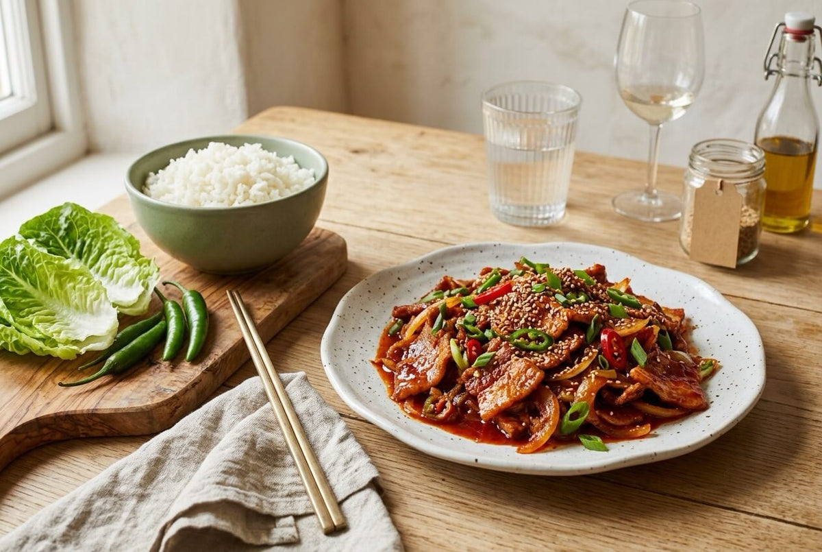 Spicy Korean pork stir-fry with sesame seeds and sliced chilli, with a bowl of rice, lettuce leaves and green Cheongyang chillies