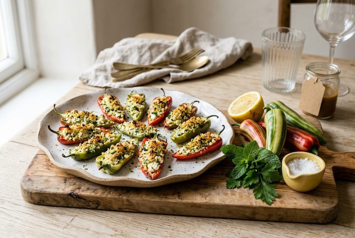 Candy Cane peppers stuffed with feta and herbs under golden breadcrumbs, with striped Candy Cane peppers, lemon and mint
