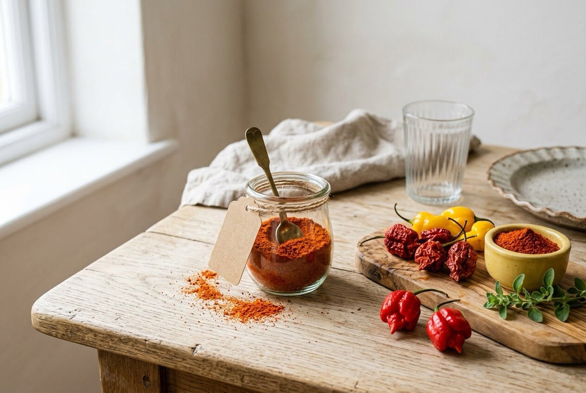 Jar of red superhot chilli powder with dried and fresh Carolina Reaper and yellow 7 Pot chillies