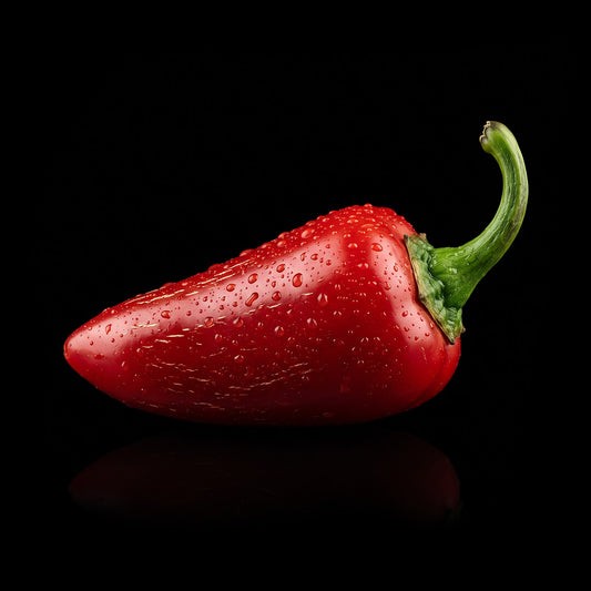 Ripe red Goliath Jalapeño chilli with glossy skin and water droplets on a black background